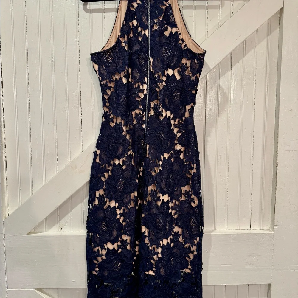 Love Culture Navy Lace Midi Dress Nude Lining Scalloped Hem Size L - Picture 3 of 9
